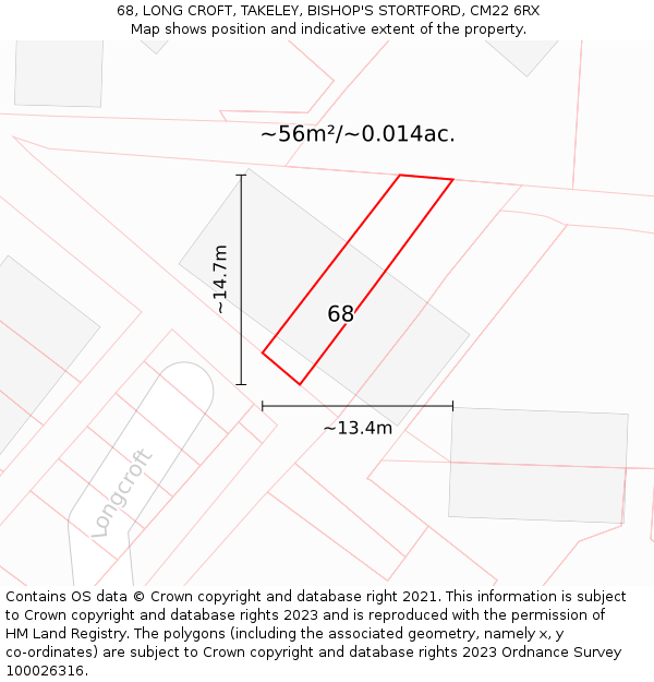 68, LONG CROFT, TAKELEY, BISHOP'S STORTFORD, CM22 6RX: Plot and title map