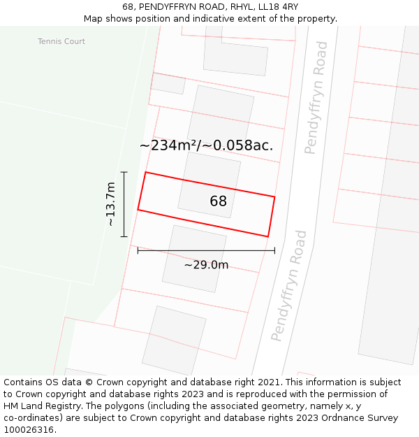 68, PENDYFFRYN ROAD, RHYL, LL18 4RY: Plot and title map