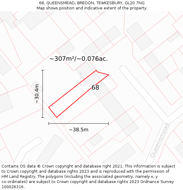 68, QUEENSMEAD, BREDON, TEWKESBURY, GL20 7NG: Plot and title map