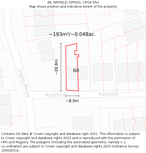 68, RAYFIELD, EPPING, CM16 5AH: Plot and title map