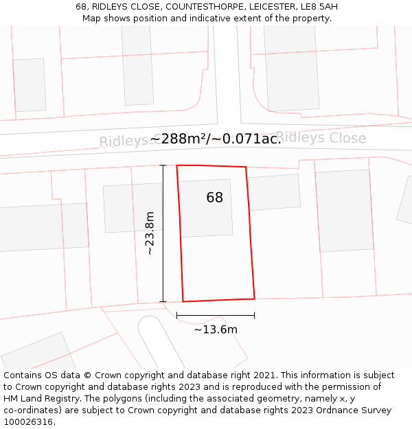 68, RIDLEYS CLOSE, COUNTESTHORPE, LEICESTER, LE8 5AH: Plot and title map