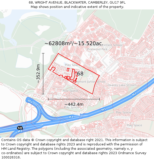 68, WRIGHT AVENUE, BLACKWATER, CAMBERLEY, GU17 9FL: Plot and title map