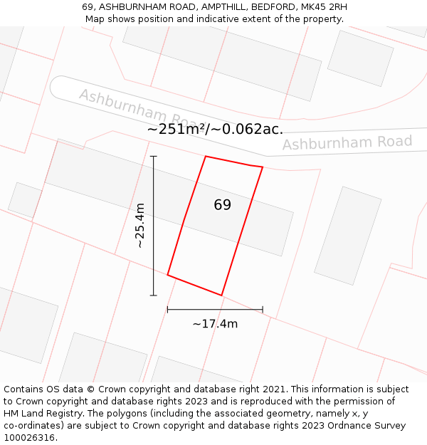 69, ASHBURNHAM ROAD, AMPTHILL, BEDFORD, MK45 2RH: Plot and title map
