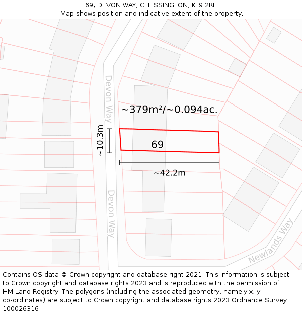 69, DEVON WAY, CHESSINGTON, KT9 2RH: Plot and title map