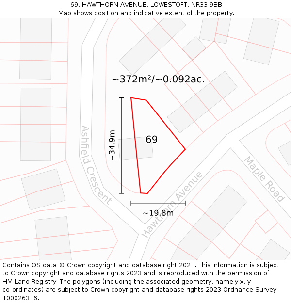69, HAWTHORN AVENUE, LOWESTOFT, NR33 9BB: Plot and title map