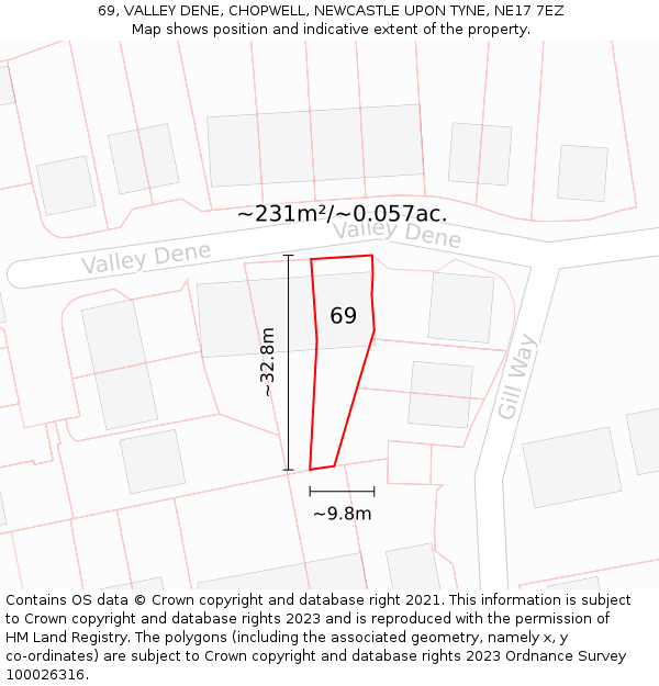 69, VALLEY DENE, CHOPWELL, NEWCASTLE UPON TYNE, NE17 7EZ: Plot and title map