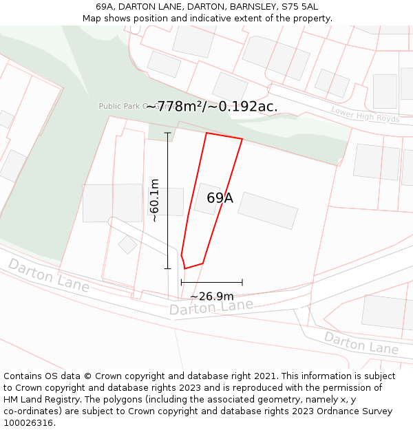 69A, DARTON LANE, DARTON, BARNSLEY, S75 5AL: Plot and title map