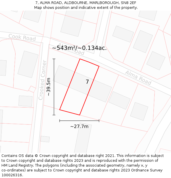 7, ALMA ROAD, ALDBOURNE, MARLBOROUGH, SN8 2EF: Plot and title map
