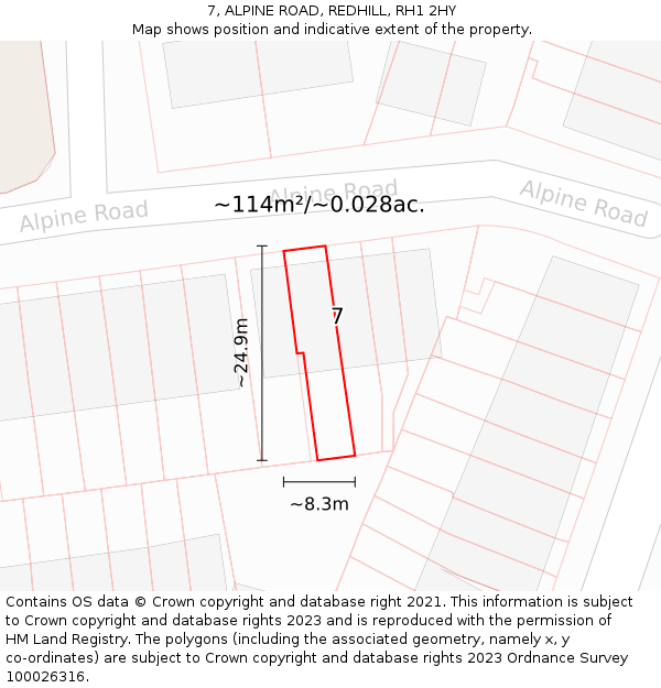 7, ALPINE ROAD, REDHILL, RH1 2HY: Plot and title map