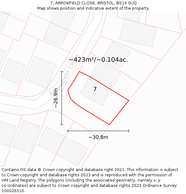 7, ARROWFIELD CLOSE, BRISTOL, BS14 0UQ: Plot and title map