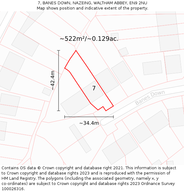 7, BANES DOWN, NAZEING, WALTHAM ABBEY, EN9 2NU: Plot and title map
