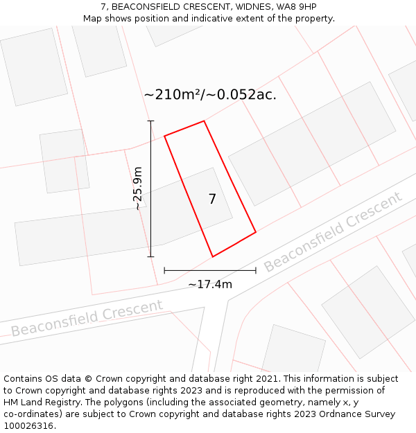7, BEACONSFIELD CRESCENT, WIDNES, WA8 9HP: Plot and title map