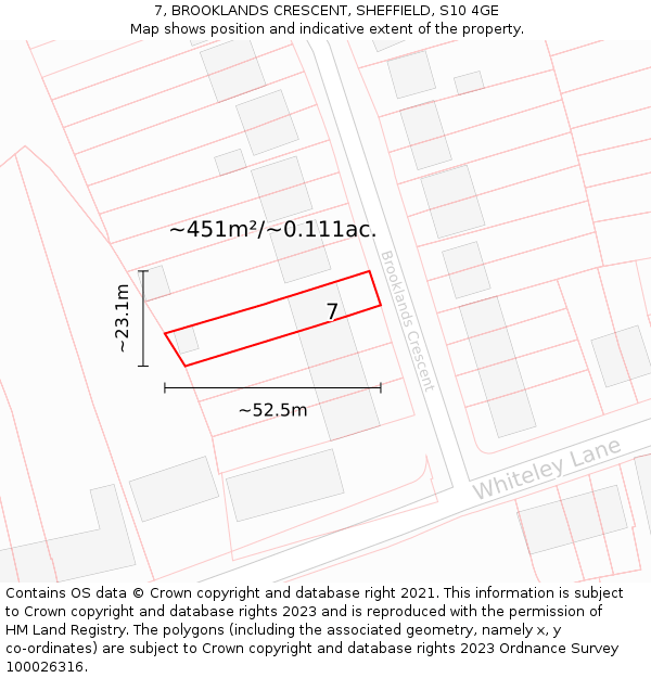7, BROOKLANDS CRESCENT, SHEFFIELD, S10 4GE: Plot and title map