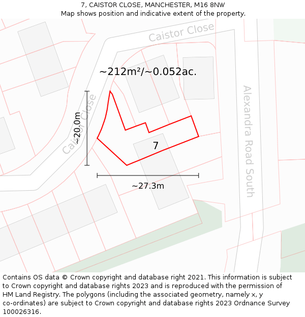 7, CAISTOR CLOSE, MANCHESTER, M16 8NW: Plot and title map