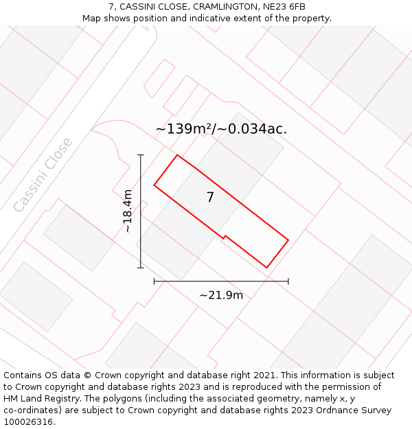 7, CASSINI CLOSE, CRAMLINGTON, NE23 6FB: Plot and title map