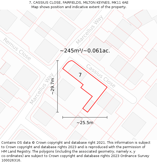 7, CASSIUS CLOSE, FAIRFIELDS, MILTON KEYNES, MK11 4AE: Plot and title map