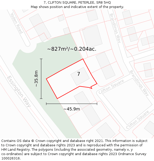 7, CLIFTON SQUARE, PETERLEE, SR8 5HQ: Plot and title map