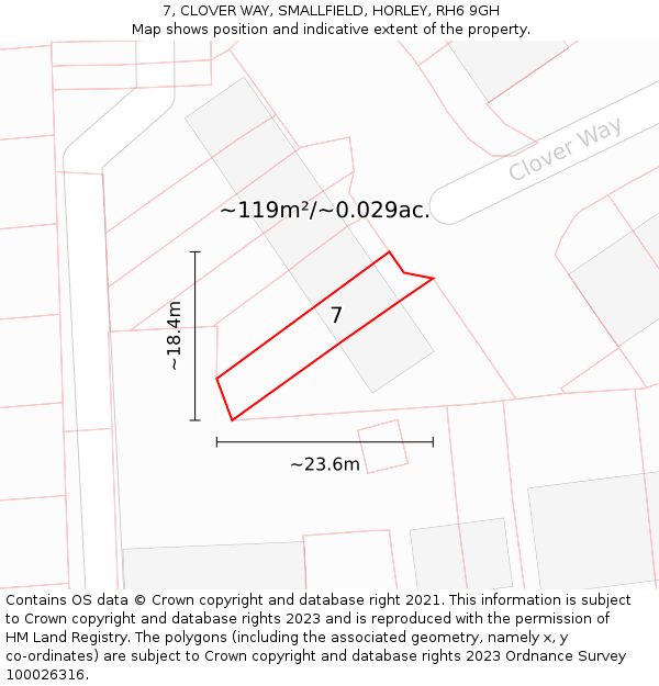 7, CLOVER WAY, SMALLFIELD, HORLEY, RH6 9GH: Plot and title map