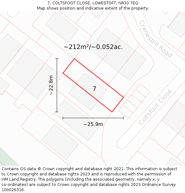 7, COLTSFOOT CLOSE, LOWESTOFT, NR33 7EQ: Plot and title map