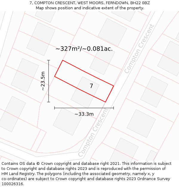 7, COMPTON CRESCENT, WEST MOORS, FERNDOWN, BH22 0BZ: Plot and title map