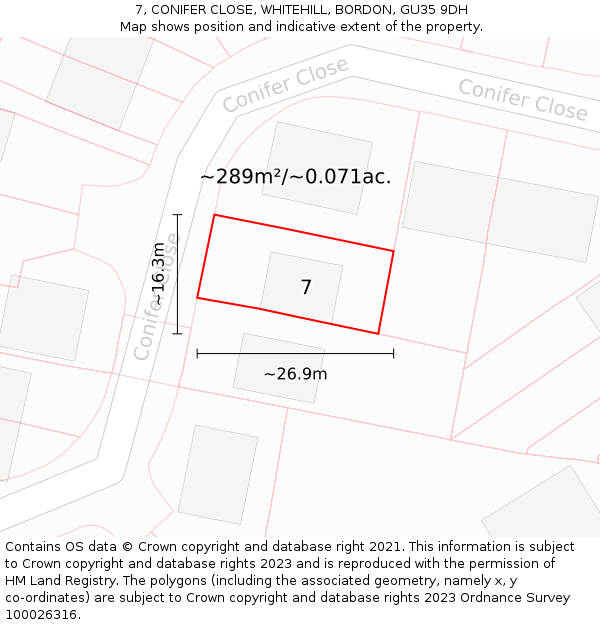 7, CONIFER CLOSE, WHITEHILL, BORDON, GU35 9DH: Plot and title map