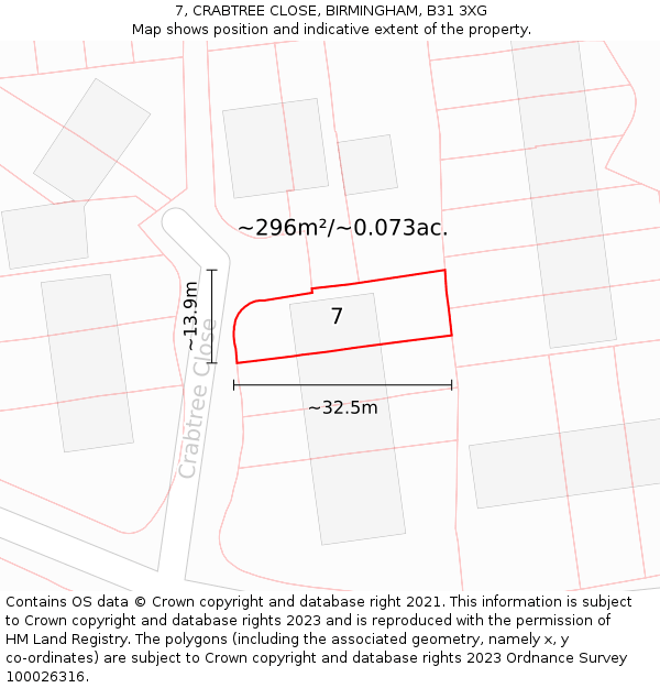 7, CRABTREE CLOSE, BIRMINGHAM, B31 3XG: Plot and title map