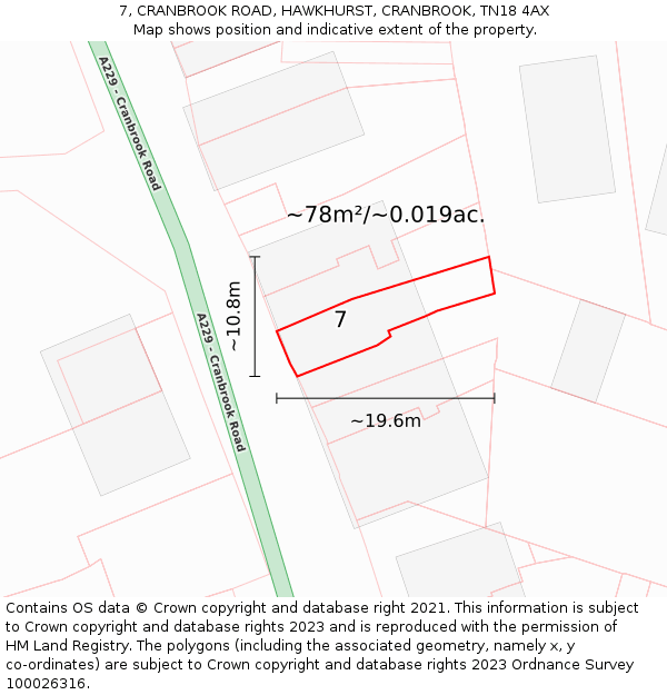 7, CRANBROOK ROAD, HAWKHURST, CRANBROOK, TN18 4AX: Plot and title map