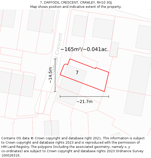 7, DAFFODIL CRESCENT, CRAWLEY, RH10 3GJ: Plot and title map
