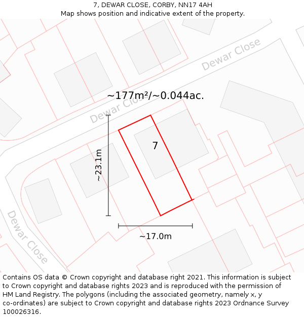 7, DEWAR CLOSE, CORBY, NN17 4AH: Plot and title map