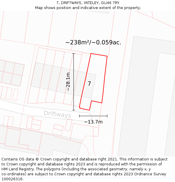 7, DRIFTWAYS, YATELEY, GU46 7RY: Plot and title map