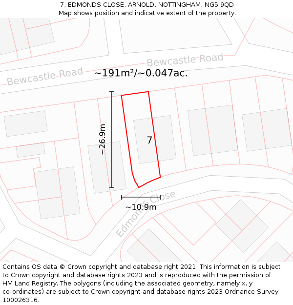 7, EDMONDS CLOSE, ARNOLD, NOTTINGHAM, NG5 9QD: Plot and title map