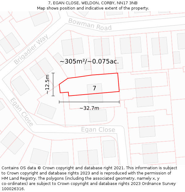 7, EGAN CLOSE, WELDON, CORBY, NN17 3NB: Plot and title map