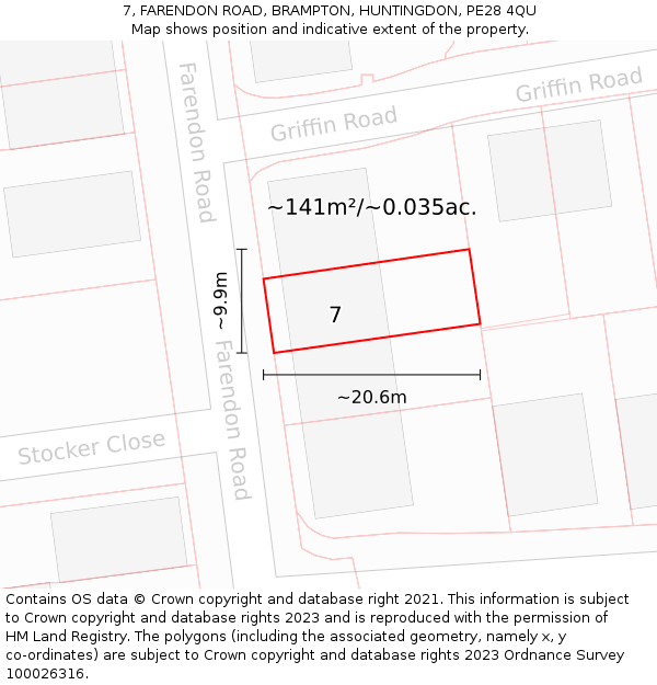 7, FARENDON ROAD, BRAMPTON, HUNTINGDON, PE28 4QU: Plot and title map