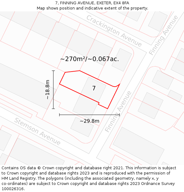 7, FINNING AVENUE, EXETER, EX4 8FA: Plot and title map