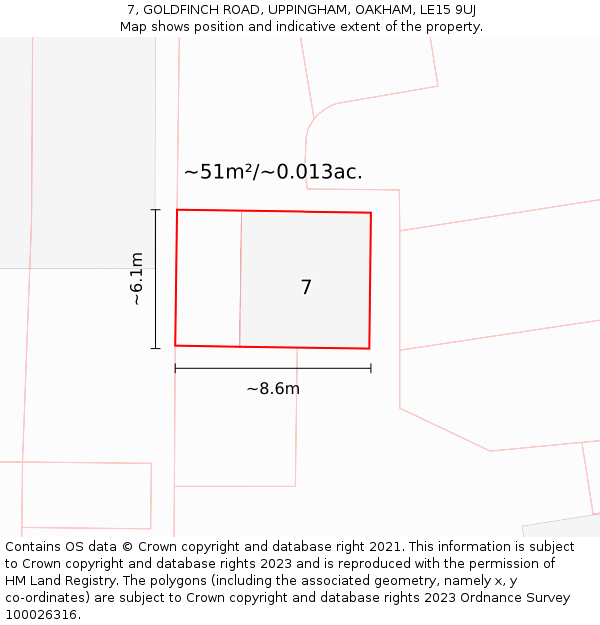 7, GOLDFINCH ROAD, UPPINGHAM, OAKHAM, LE15 9UJ: Plot and title map