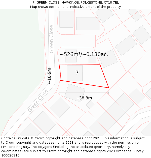 7, GREEN CLOSE, HAWKINGE, FOLKESTONE, CT18 7EL: Plot and title map