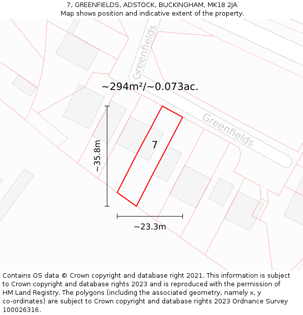 7, GREENFIELDS, ADSTOCK, BUCKINGHAM, MK18 2JA: Plot and title map
