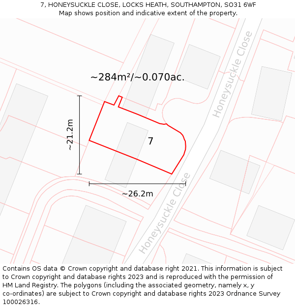 7, HONEYSUCKLE CLOSE, LOCKS HEATH, SOUTHAMPTON, SO31 6WF: Plot and title map