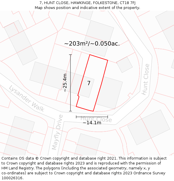 7, HUNT CLOSE, HAWKINGE, FOLKESTONE, CT18 7FJ: Plot and title map