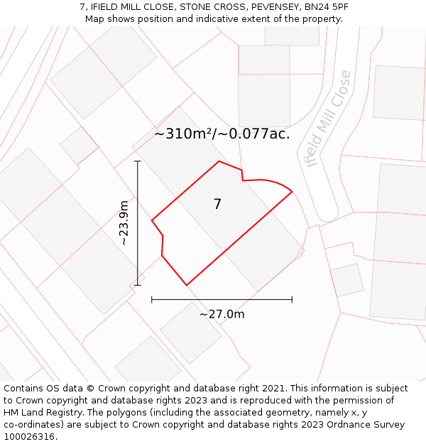 7, IFIELD MILL CLOSE, STONE CROSS, PEVENSEY, BN24 5PF: Plot and title map