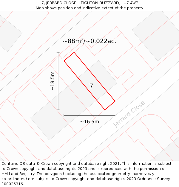 7, JERRARD CLOSE, LEIGHTON BUZZARD, LU7 4WB: Plot and title map
