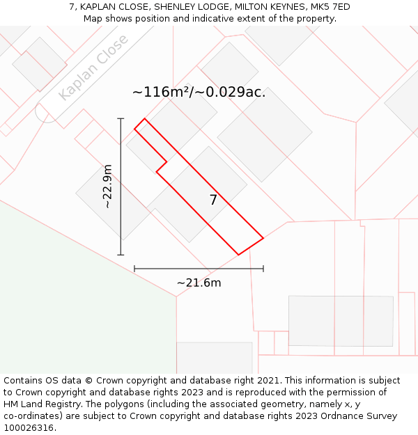 7, KAPLAN CLOSE, SHENLEY LODGE, MILTON KEYNES, MK5 7ED: Plot and title map