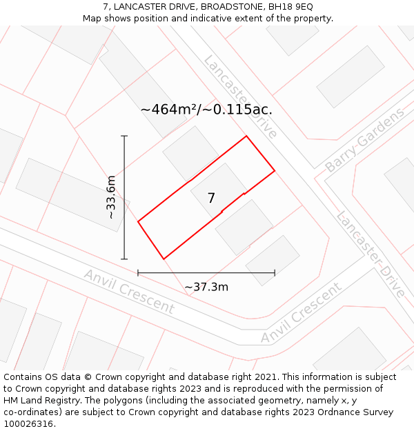 7, LANCASTER DRIVE, BROADSTONE, BH18 9EQ: Plot and title map