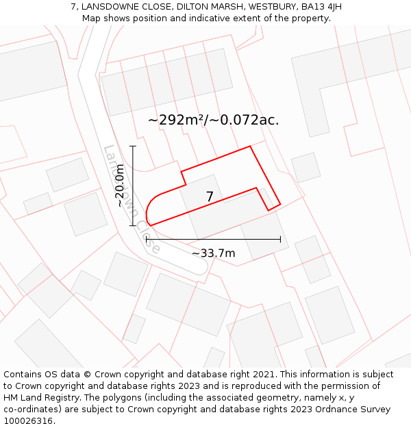 7, LANSDOWNE CLOSE, DILTON MARSH, WESTBURY, BA13 4JH: Plot and title map