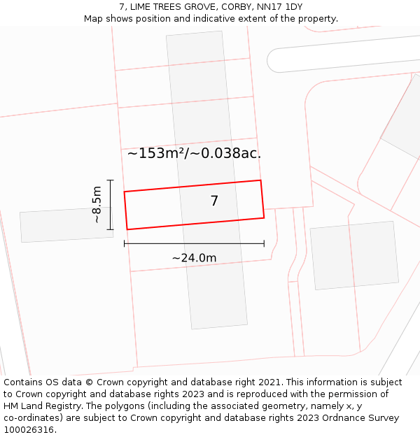 7, LIME TREES GROVE, CORBY, NN17 1DY: Plot and title map