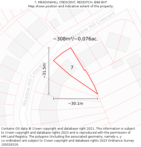 7, MEADOWHILL CRESCENT, REDDITCH, B98 8HT: Plot and title map