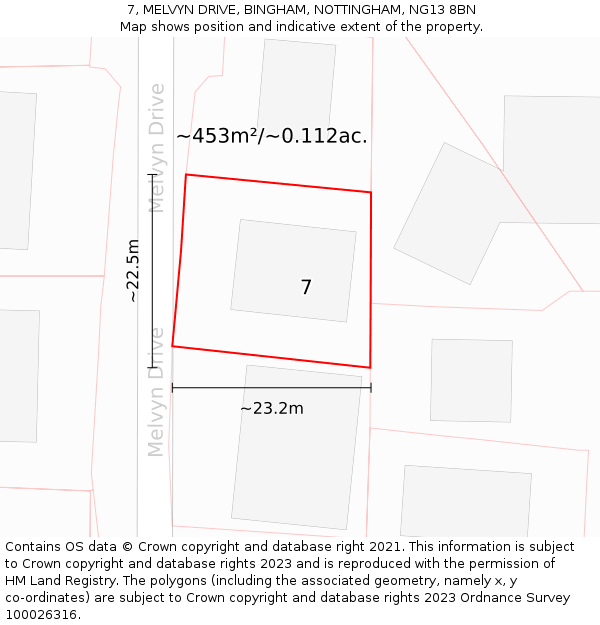 7, MELVYN DRIVE, BINGHAM, NOTTINGHAM, NG13 8BN: Plot and title map