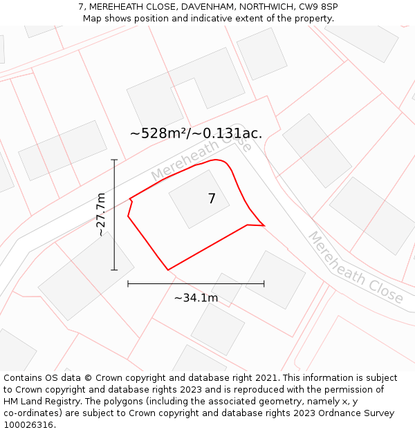 7, MEREHEATH CLOSE, DAVENHAM, NORTHWICH, CW9 8SP: Plot and title map