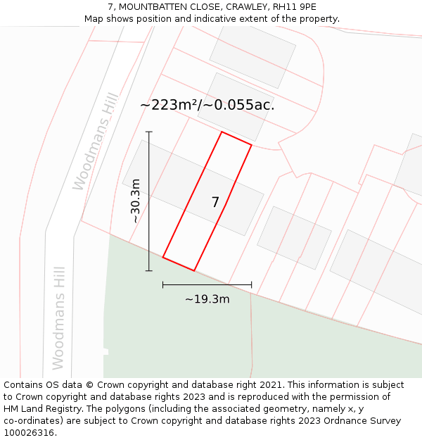 7, MOUNTBATTEN CLOSE, CRAWLEY, RH11 9PE: Plot and title map