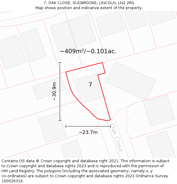 7, OAK CLOSE, SUDBROOKE, LINCOLN, LN2 2RG: Plot and title map